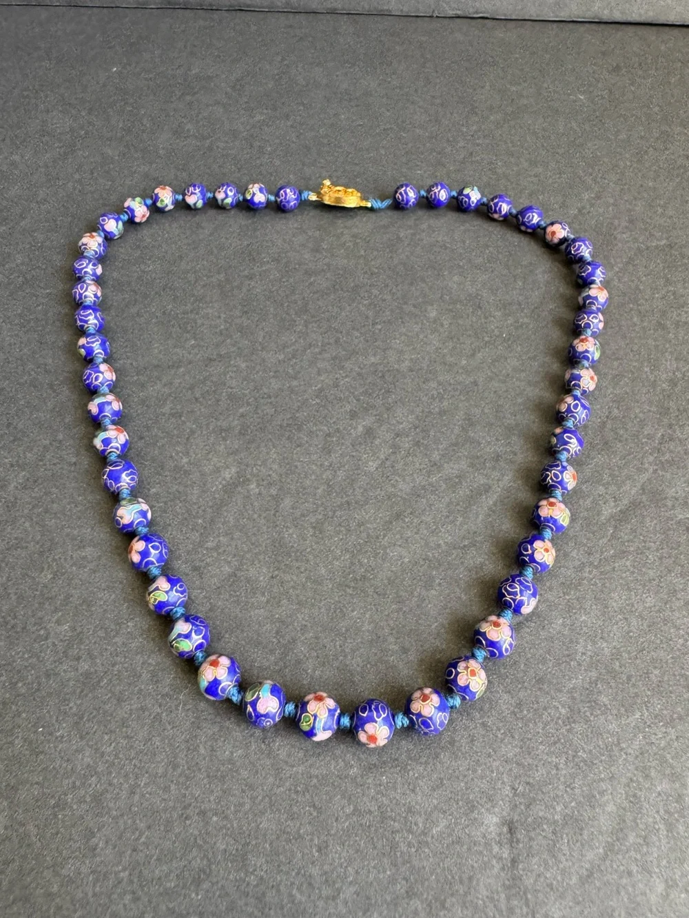 Vintage Cloisonné Necklace Cobalt Blue Beaded Chinese Export 10K Gold Plated 19